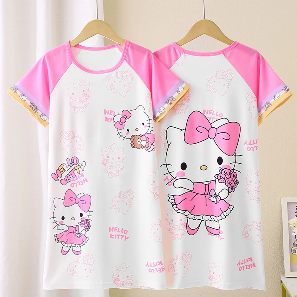 Cinnamoroll Children's Summer Nightwear Sanrios Kuromi Nightgown Short Sleeve Dress Home Clothing Anime Girls Ice Silk Pajamas