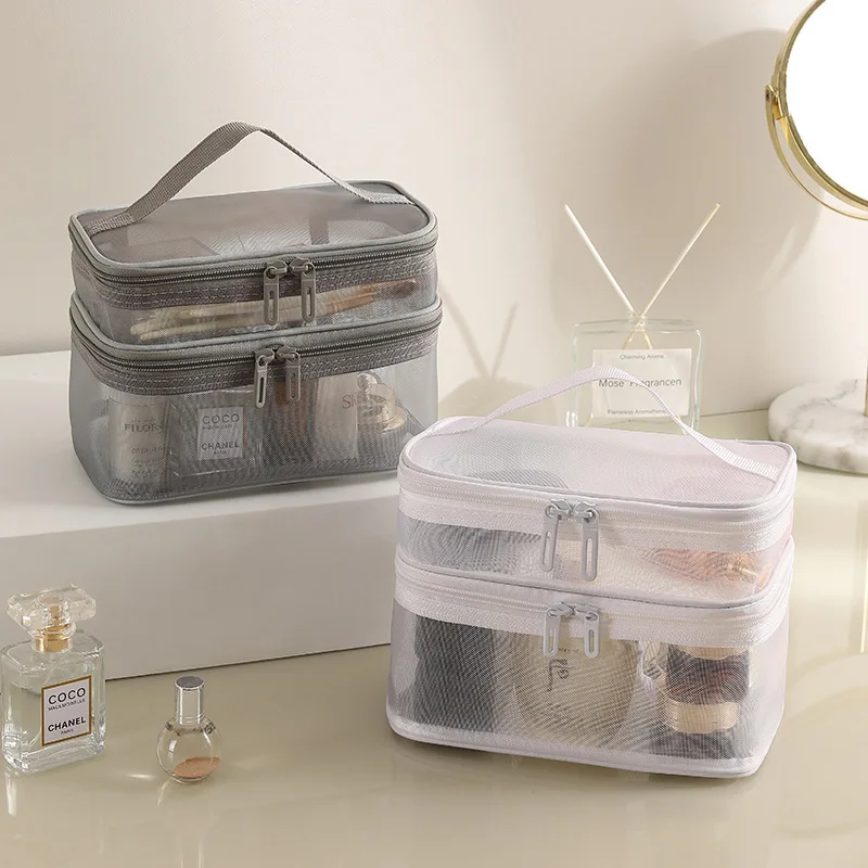 Borsa cosmetica in rete a doppio strato capacità borsa da viaggio con cerniera Organizer per il trucco scatola portaoggetti da toilette custodia per