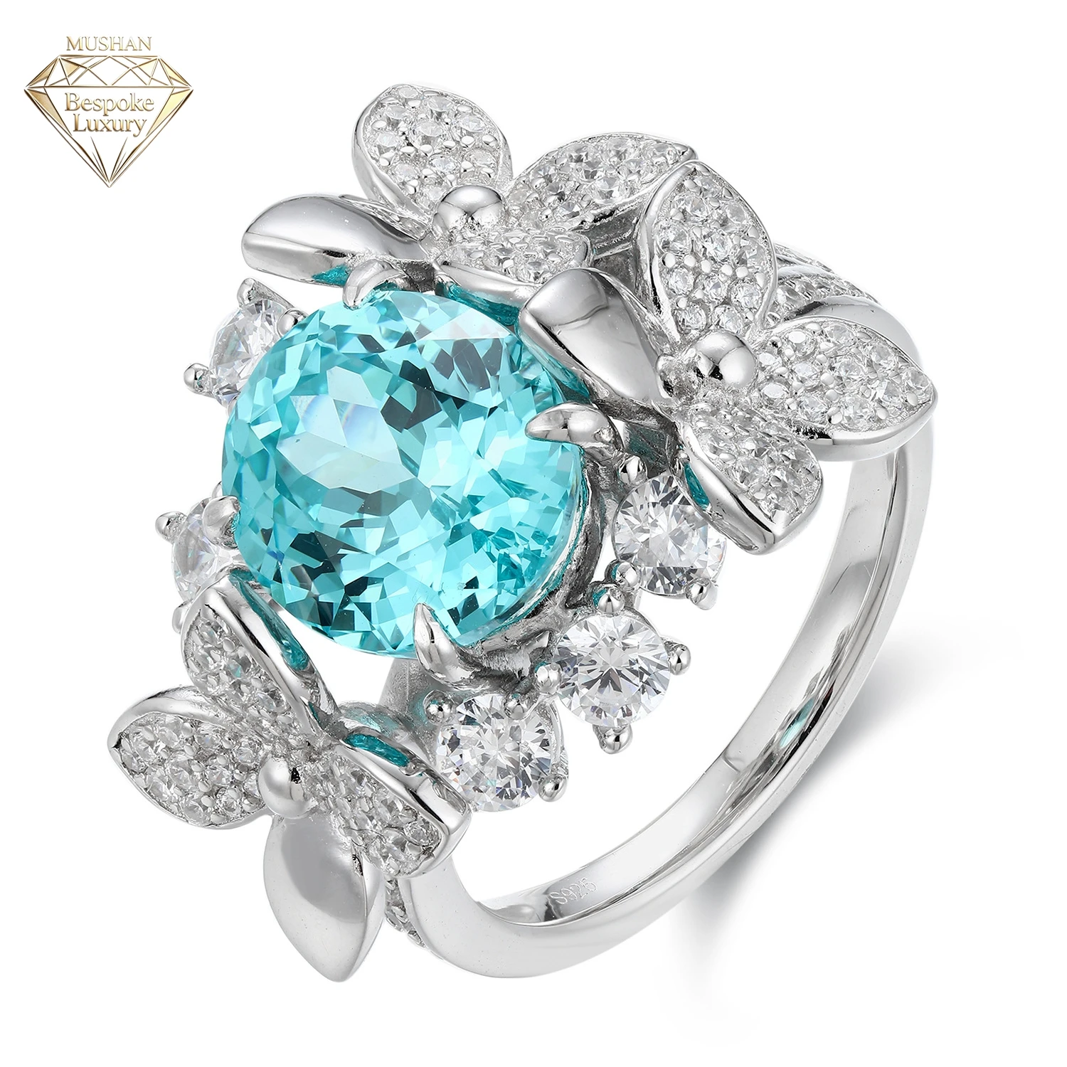 MuShan Brand Jewelry 925 Sterling Silver Ring Lab Grown Emerald Oval Bridal Gift for Women 18K Gold Plated Anniversary Rings