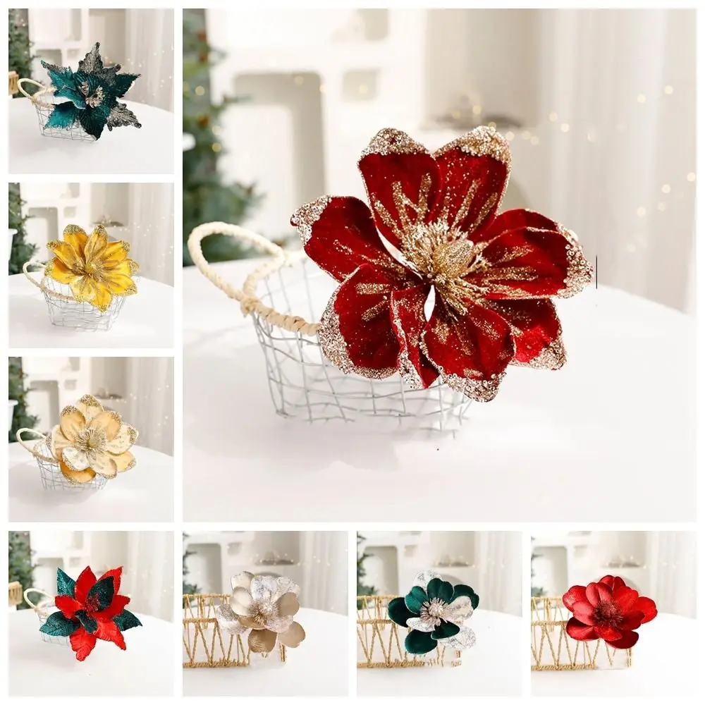 Flower Head Artificial Christmas Flowers Multi-color Handmade Simulated Christmas Flower Glitter DIY Xmas Tree Ornaments Wedding