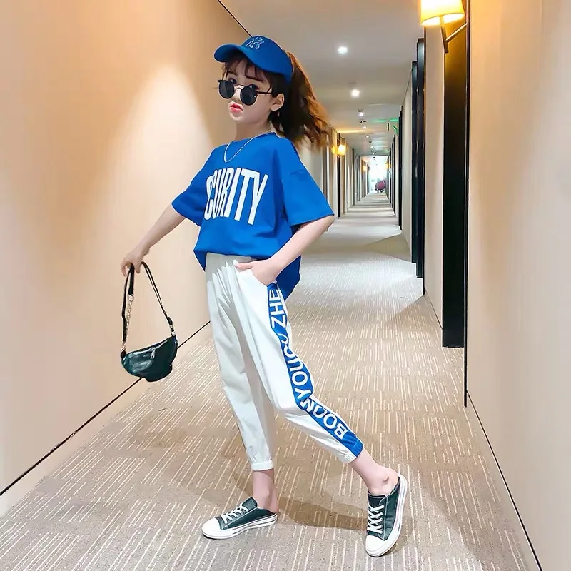 2024 Teen Girls Sport Suit letters short t-shirt + striped Pants Children Set Tracksuit Kids Leggings 5 8 12 9 14 Years Clothing