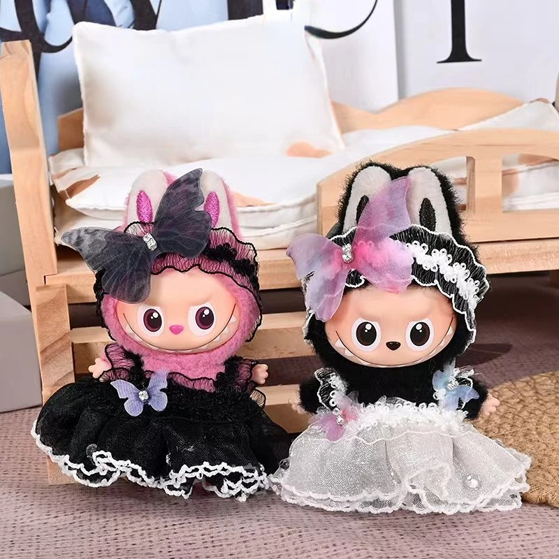 

4th Gen Mini Labubu Tweed Style Outfit Set for 10cm Vinyl Plush Doll, Elegant Changeable Costume with Bowknot Details