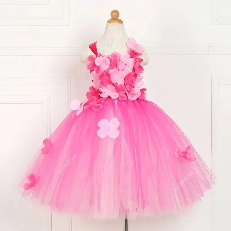 

New Quality Pink Princess Flowers Petal Girl Wedding Dress Girls Tulle Fuffy Party Formal Dress Princess Tutu Dress Vestidos