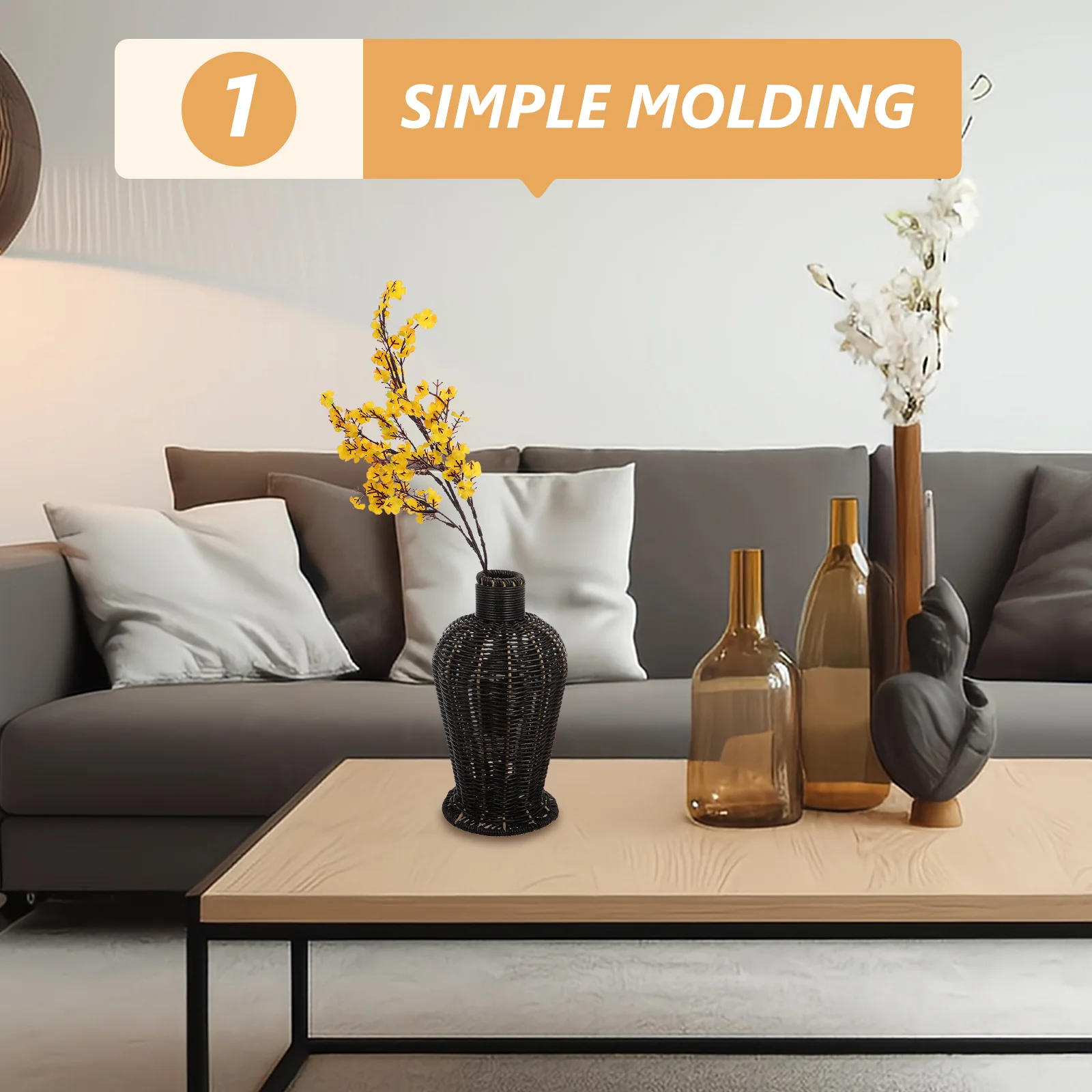 

Imitation Rattan Flower Vase Black Woven Plastic Wicker Basket for Dry Floral Arrangements Rustic Country Style Decorative Plant