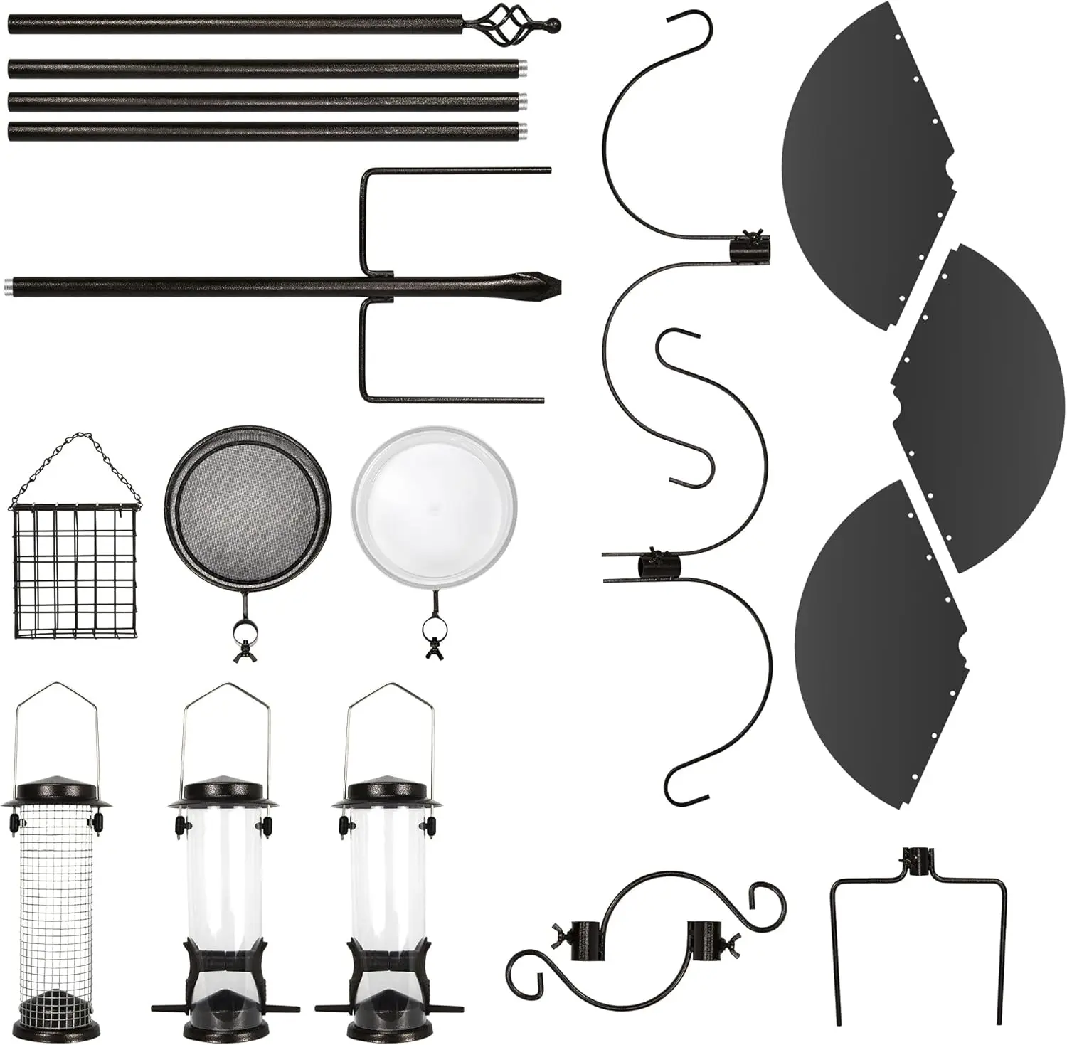 Stacja karmnicza dla ptaków ze stali o długości 94 cali z 4 karmnikami, wanienką, tacką i osłoną przed wiewiórkami dla dzikich ptaków