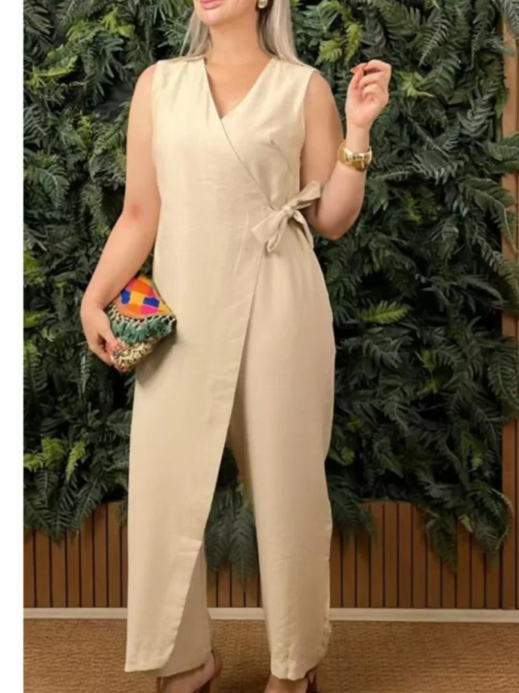 Elegant Women's V Neck Lace Up Jumpsuit Summer Sleeveless Hollow Out Solid Color Office Playsuit Casual Streetwear Loose Romper