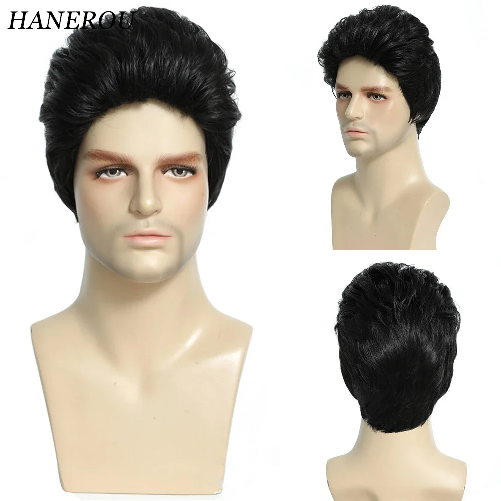 

HANEROU Men Short Straight Synthetic Wig Natural Black Hair Heat Resistant Wig for Daily Party Cosplay