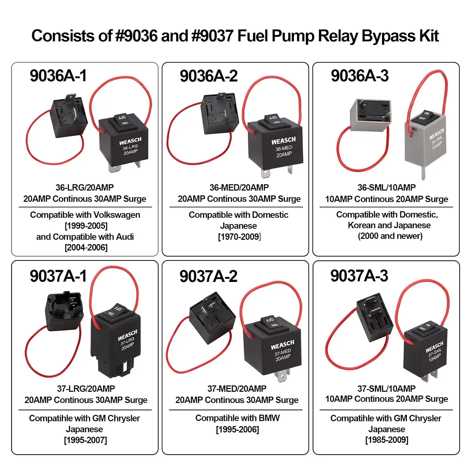 Relay Bypass Switch Kit, Amp Loop Fuel Pump Bypass Kit, Relay Tester Pack of 6 (9038A W/Wire)