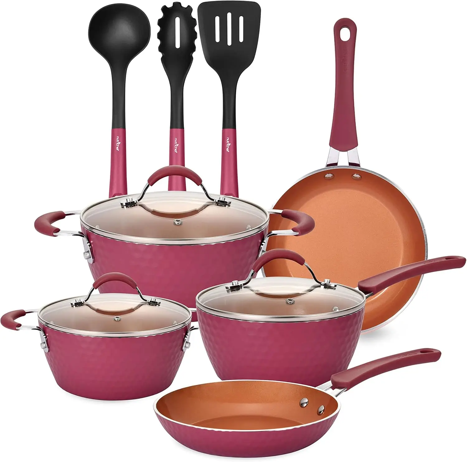 11 Piece Nonstick Ceramic Coating Elegant Diamond Patterned Kitchen Cookware Pots And Pan Set With Lids And Utensils, Maroon