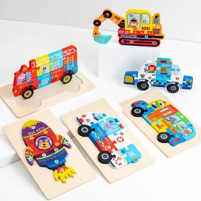 

Kid 3D Wooden Puzzles Cartoon Vehicle Learning Cognition Intelligence Game For Children Early Educational Montessori Toys Gifts