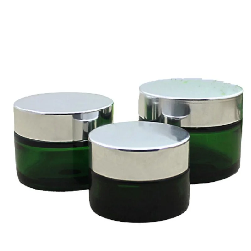 20g 30g 50g Empty Glass Cream Jar Green Eye Cream Jars Pot Body Care Cosmetics Face Cream Container with Bright Silver Lid 15pcs