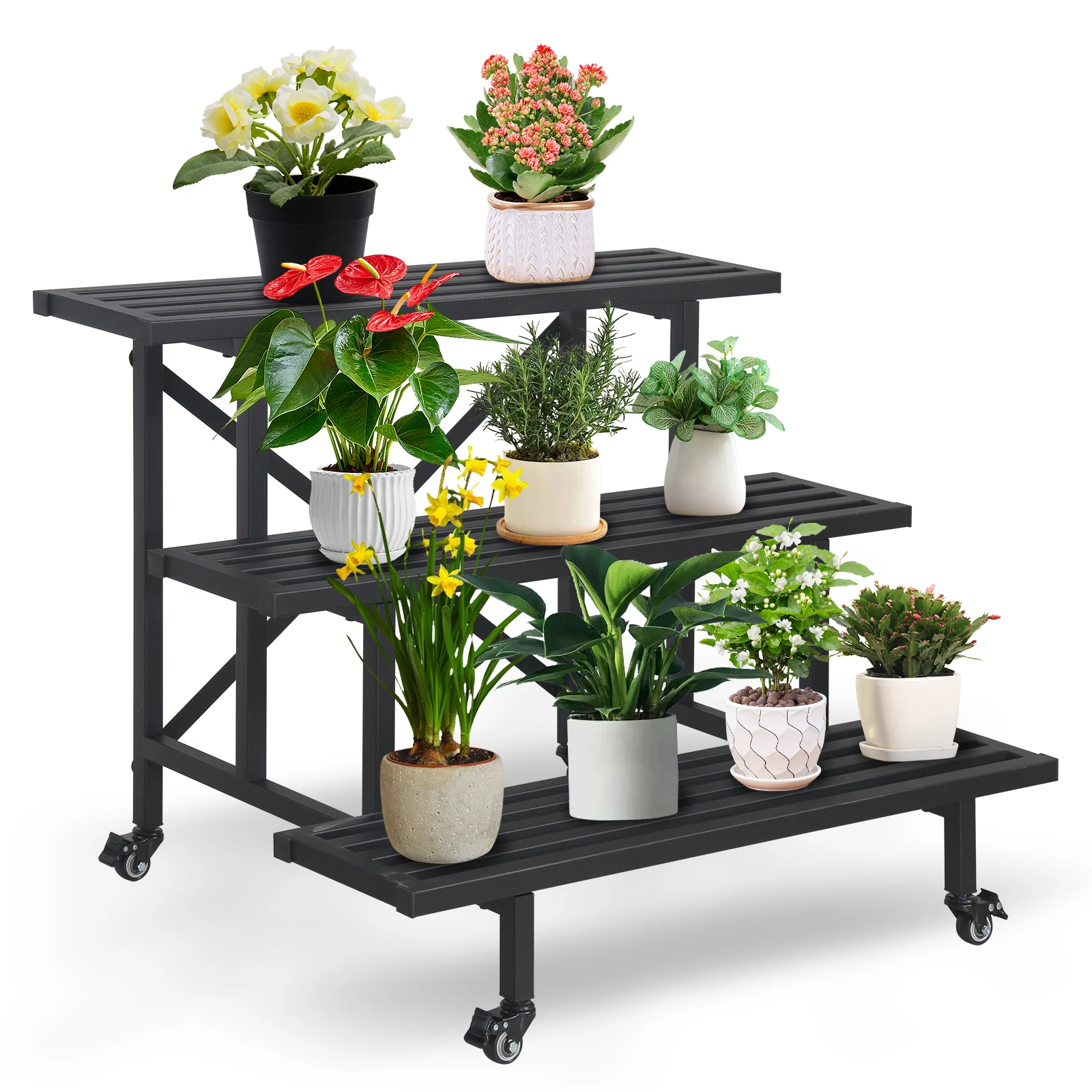 

Sturdy Metal Plant Stand w/ Wheels 3 Tier Heavy Duty Potted Flower Holder Plant Shelf Planter Display Shelving for Patio Garden