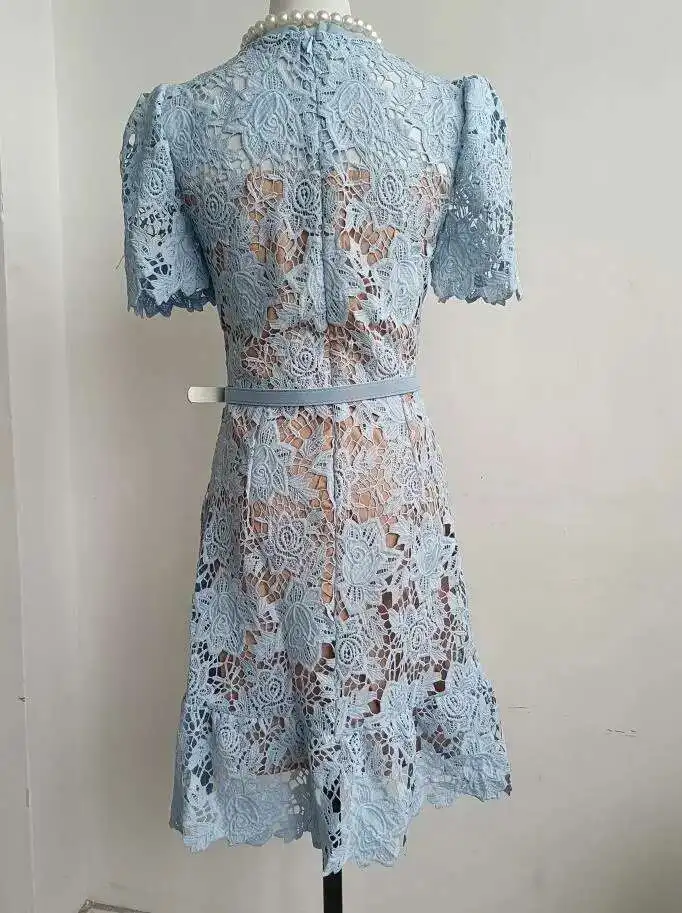 JAMERARY Summer Holiday Party Prom Blue Lace Embroidery Short Dress Women Diamonds Button Mini Vestidos Female Quality