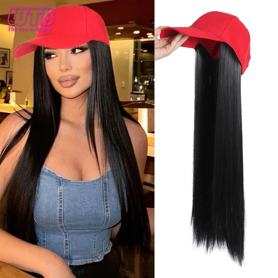 

Baseball Cap with Hair Extensions for Women with Adjustable Hat 22Inch Synthetic Wig Long Straight Stylish Wigs Red Baseball Cap
