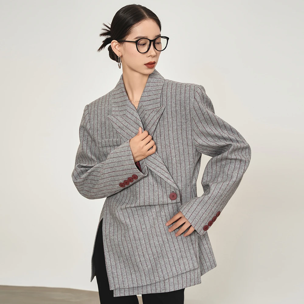 TWOTWINSTYLE Striped Printting  Asymmetrical Chic Blazer For Women Notched Collar Long Sleeve Slimming Blazer Female Clothes New