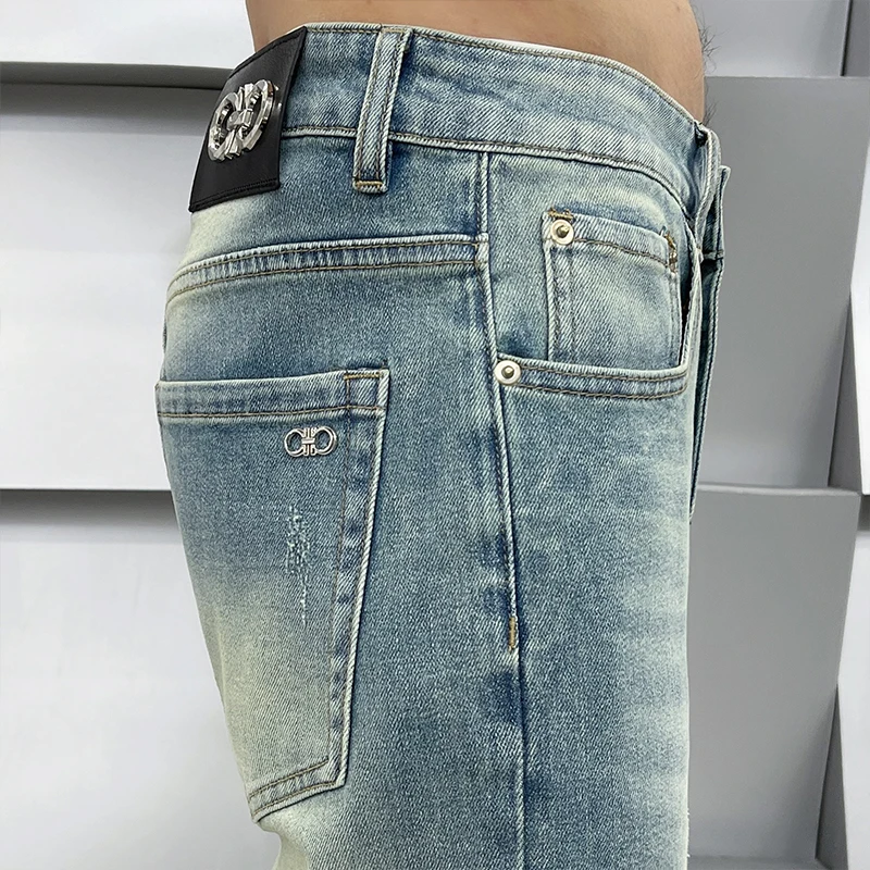 High-end jeans men loose straight trousers spring and summer models versatile casual men's European goods light blue trousers