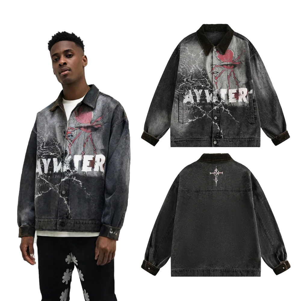 

Зимняя одежда, мужская уличная одежда, куртки с принтом в готическом стиле, хип-хоп, уличный стиль, повседневные хлопковые винтажные куртки с рваными лацканами