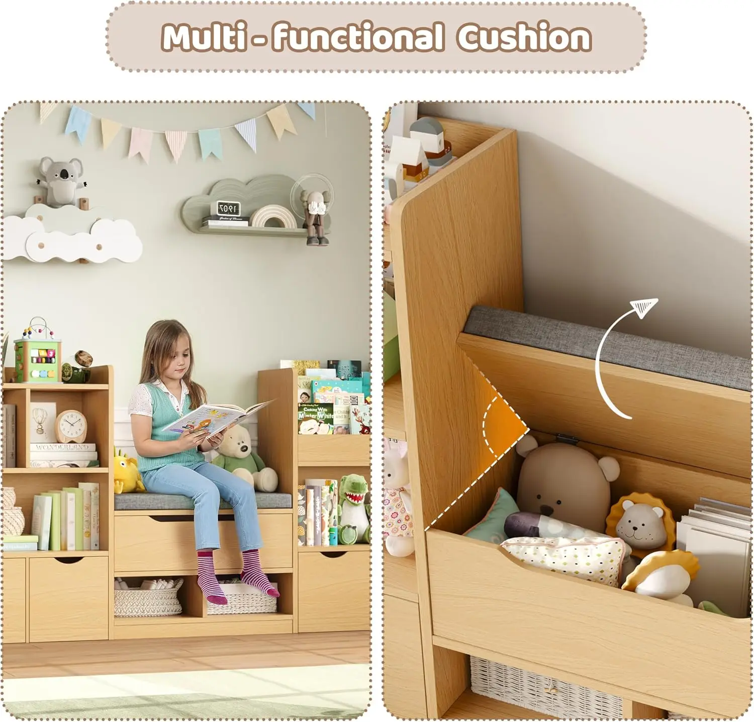 72' 어린이 책장(독서 공간 포함), 장난감 보관함(좌석 쿠션 및 서랍 3개 포함), 내추럴