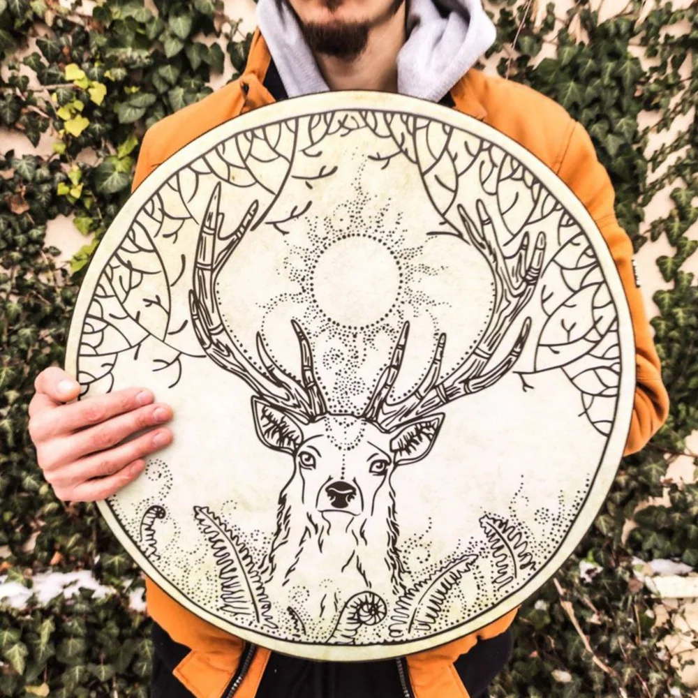 Shaman Drum Decoration Deer Pattern Handmade Shamanic Drum Siberian Spirit Music with Drumstick Drums Home Ornament Crafts