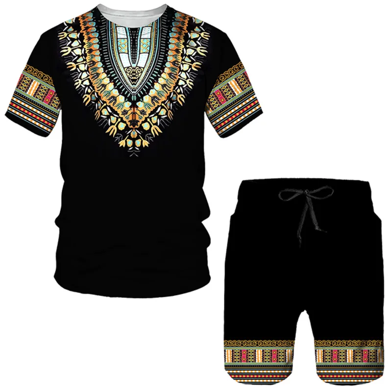 2 peça conjunto outfits africano dashiki vintage 3d impressão das mulheres dos homens de manga curta camiseta calças curtas terno treino roupas masculinas