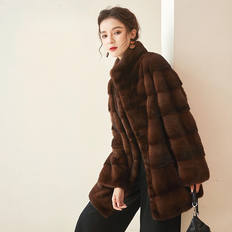 2024 Winter New Fashion Women Coat Real Mink Whole Fur Jacket Mid-length With Collar Thick Warm Clothing Female Mink Fur Jacket