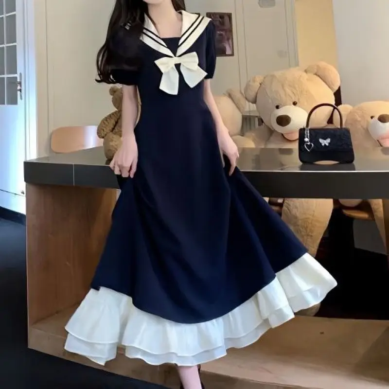 

Preppy Style Sailor Collar Bow Sweet Summer New Large Size Clothes Short Sleeve Ruffles Mermaid A-Line Skinny Ladies Dresses