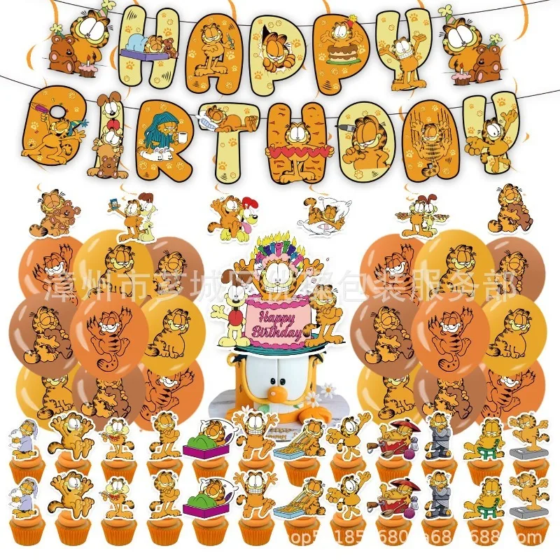 

New Garfield Cartoon Cat Birthday Party Decoration Cute Orange Balloons Banner Backdrop Tableware Cup Party Supplies Toy Gifts