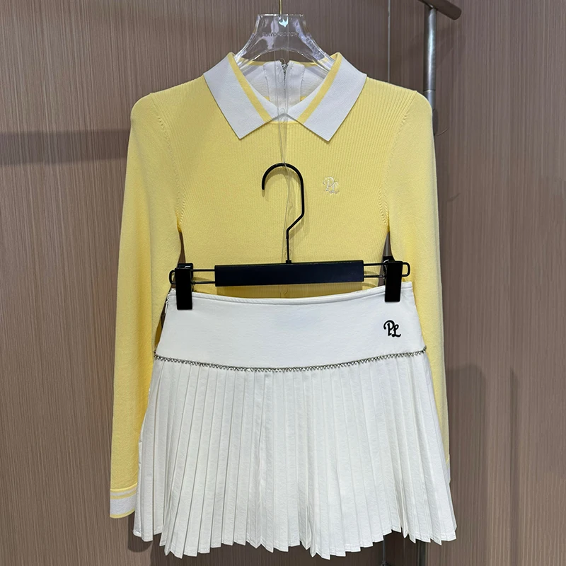 PL Golf Polo Sweater Women Autumn Winter Long Sleeved Top Ladies Knit Shirt High Waist Golf Skirt Slim Pletaed Skort with Short