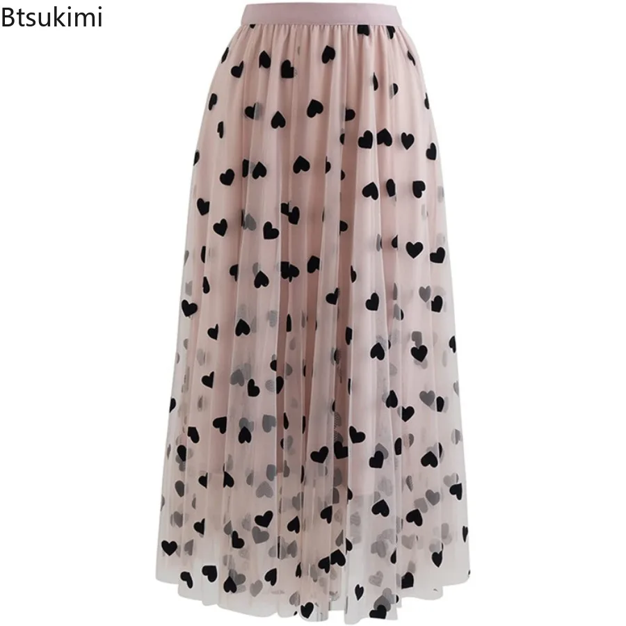 Skirts Women French Retro Mesh 2025 High Waisted Midi A-line Skirt Plush Heart-shaped Fluffy High Street Fashion Chic Clothing