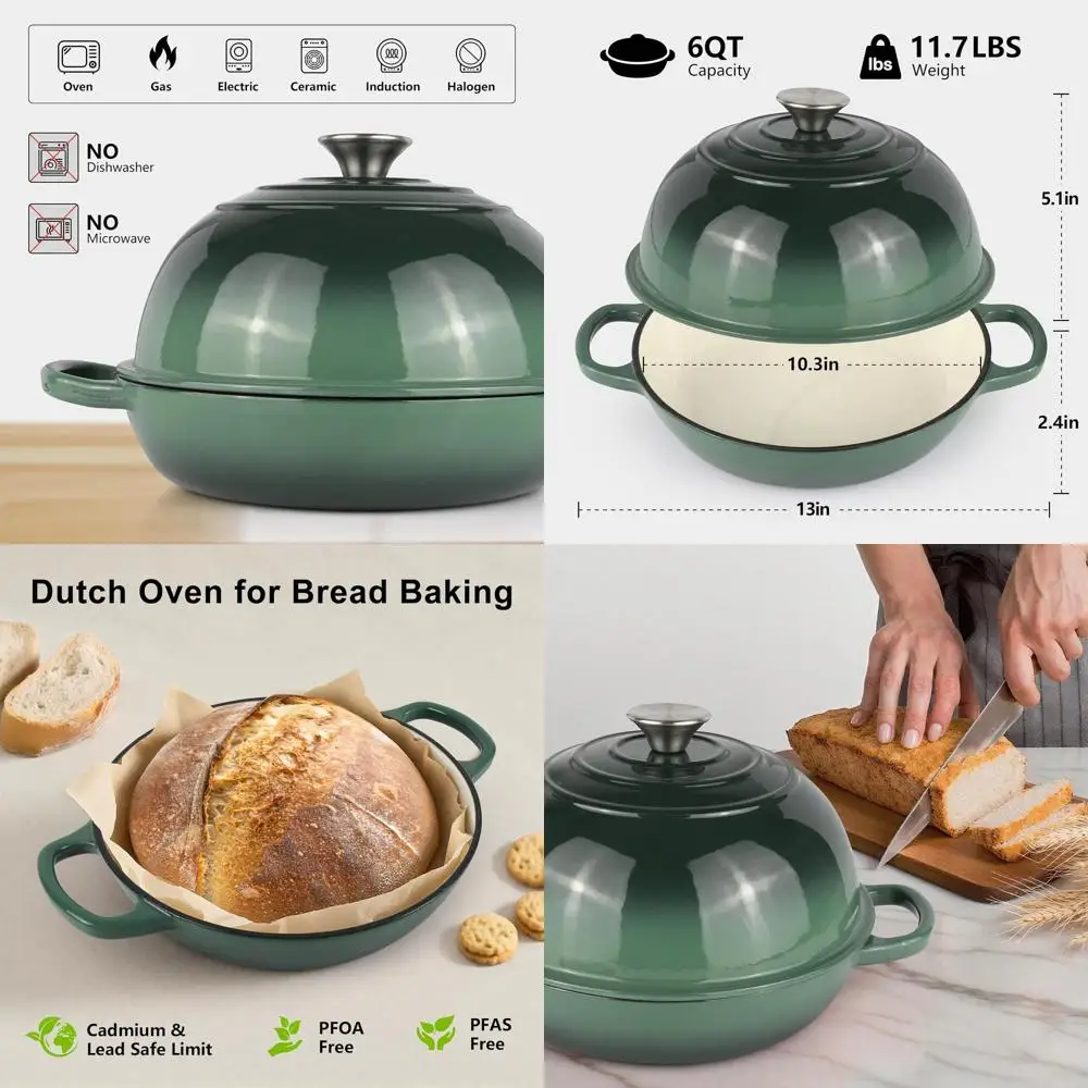 

Enameled Cast Iron Dutch Oven, 6-Quart, Ideal for Sourdough Bread, Roasting, Stewing, Soups, Oven and Stovetop Use, Non-Stick, G