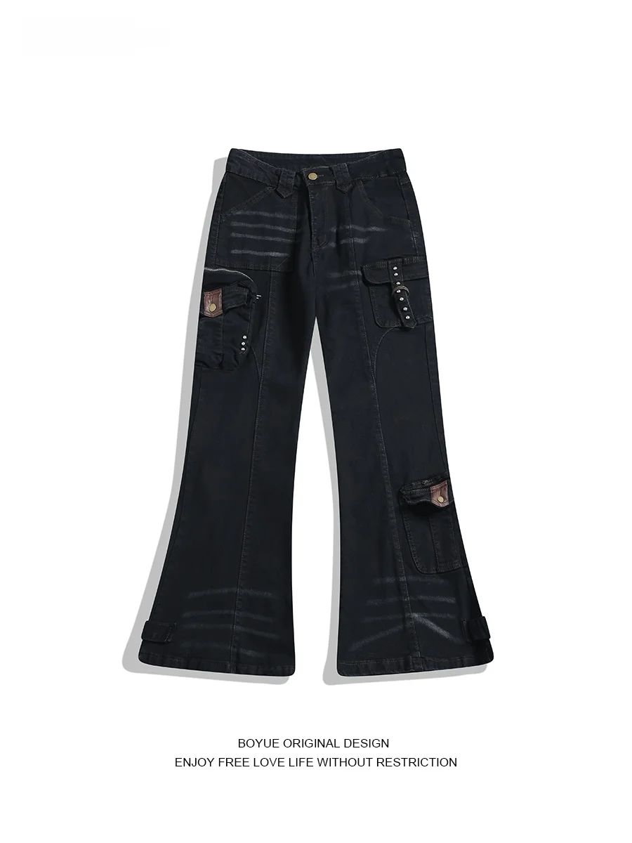 

Boyue Американские расклешенные джинсы в стиле ретро Свободный крой Мужчины Женщины Винтаж Vibe Street Sle Повседневные длинные брюки Модный полиэстер Хлопок...