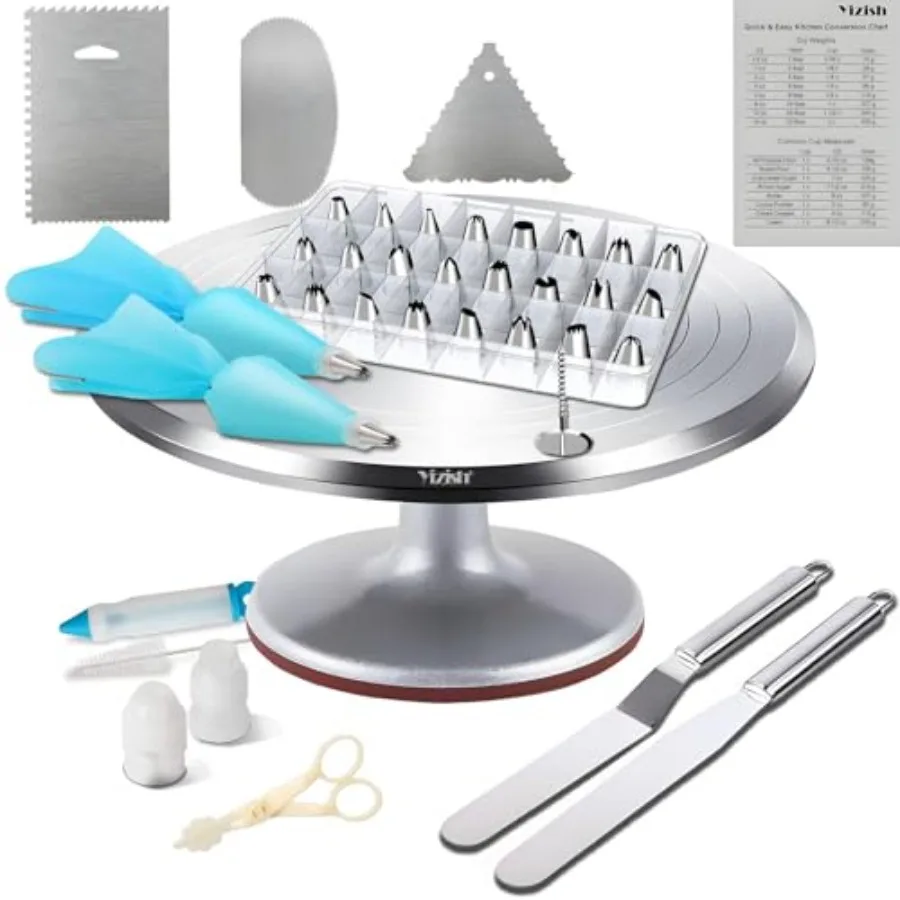 

Cake Turntable Aluminum Alloy with Nozzles Piping Tips Set 12" Rotating Cake Stand Decorating Kits with Stainless Steel Icing S