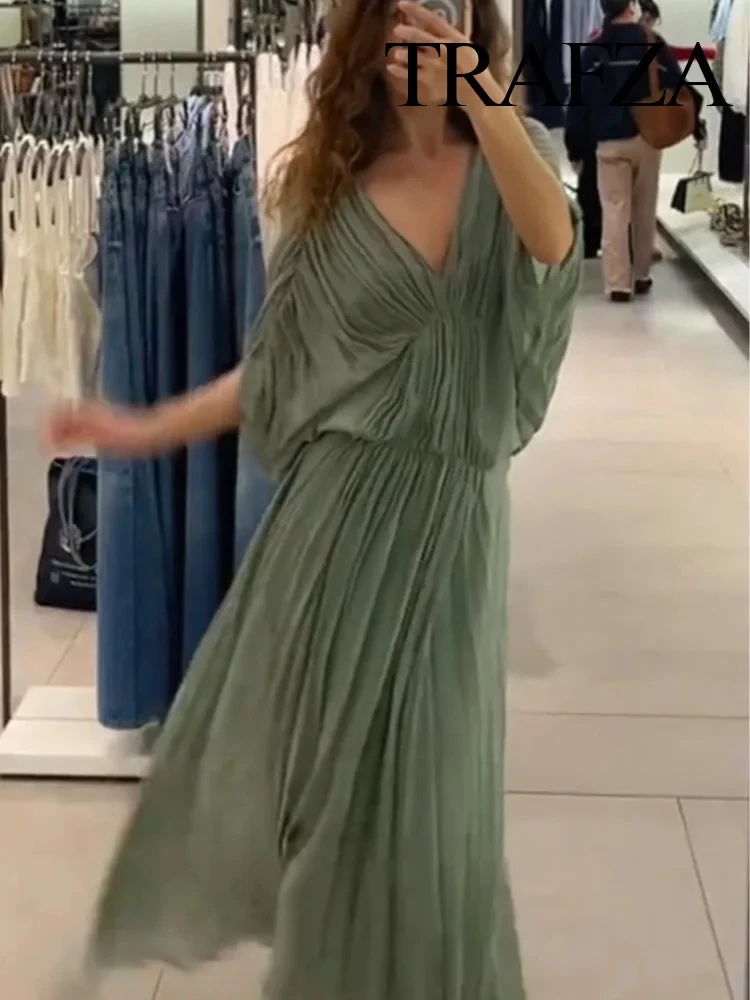 

TRAFZA Women's Fashion Summer Dress V-neck Backless Short Sleeve Solid Loose Pleated Midi Dresses Female Casual Sexy Long Dress