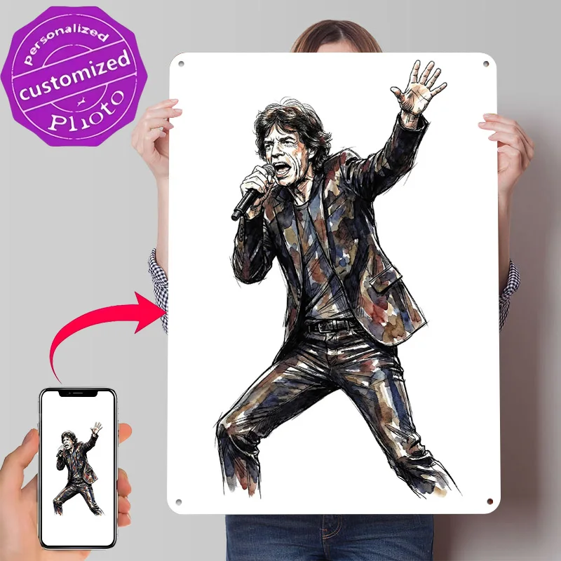 Ilustração em Aquarela de Mick Jagger, Pôster Impresso com Textura 3D, Placa de Metal Vintage Personalizada para Decoração de Parede