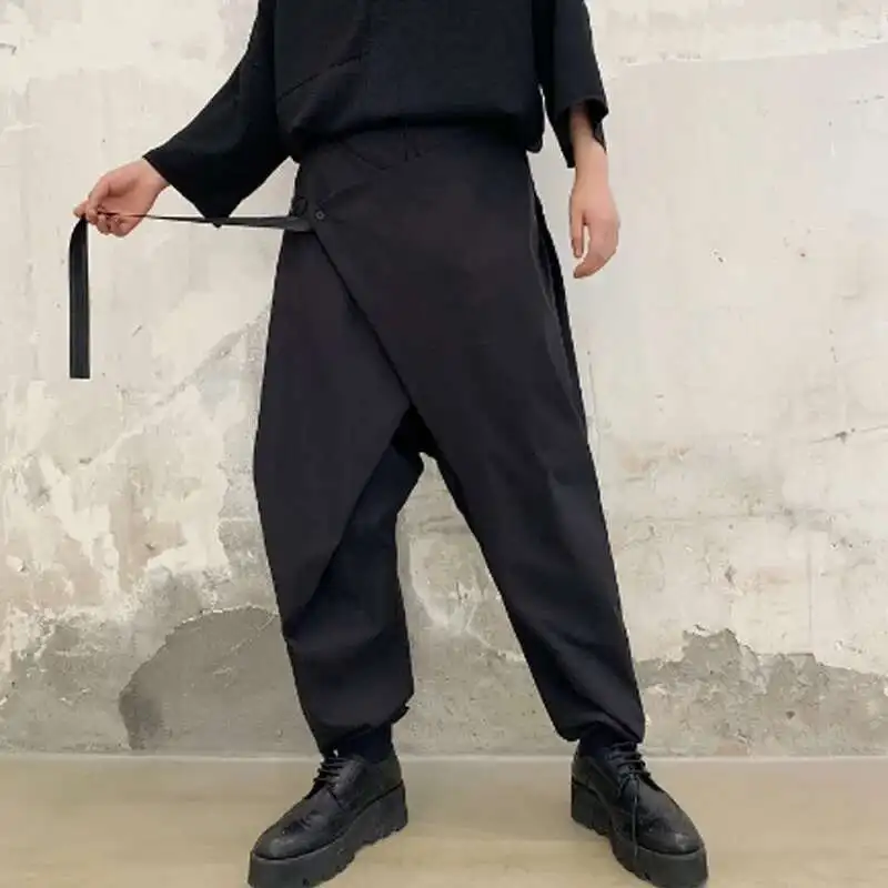 Cruz Streetwear Mascuo Splice Japão Fita Casual Homens Preto Solto Hip Hop Punk Gótico Harem Calças