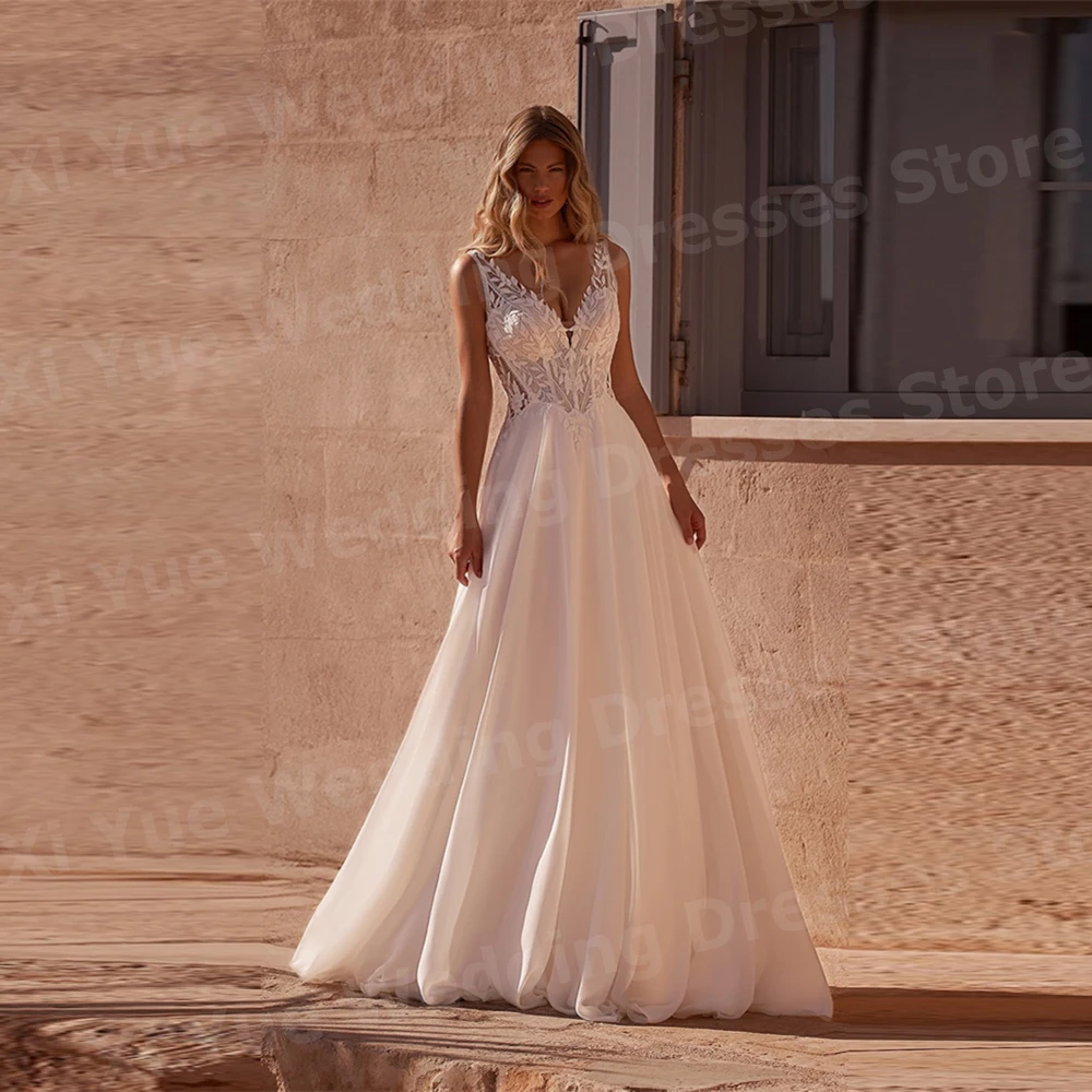 

Elegant A Line Women's Wedding Dresses Lace Appliques V Neck Vestidos Boda Bride Gowns Customized Sleeveless Vestidos De Novia