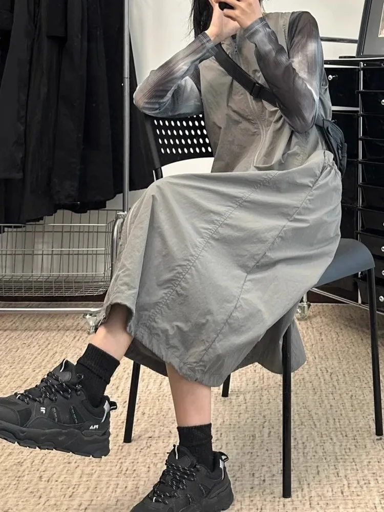 Grey Workwear Vest Skirt Women's plus Size Slimming Design Zipper Quick Dry Strap Dress Functional Style A-Line Summer Dress