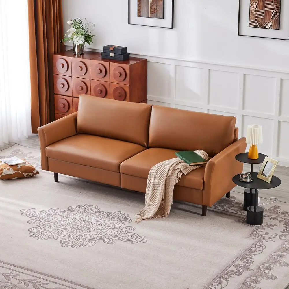 Leather Sofa Mid Century Modern Couch, 3 Seater Sofa Couch with Nailhead Trim amp Rolled Armrests, Deep Seat Comfy Couches for