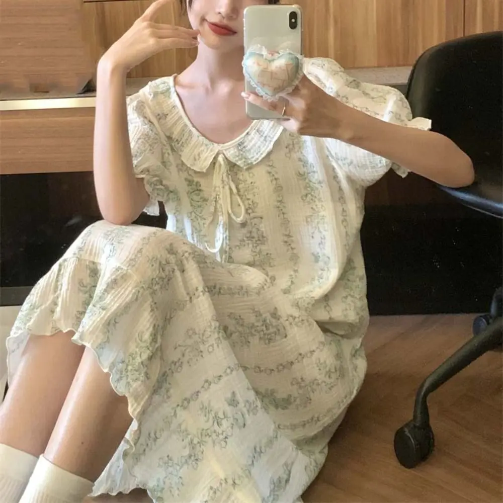 

Женское пижамное платье с кукольным воротником на шнуровке, свободная ночная рубашка с короткими рукавами в полоску, домашняя одежда, одежда для сна, милые ночные рубашки для дома