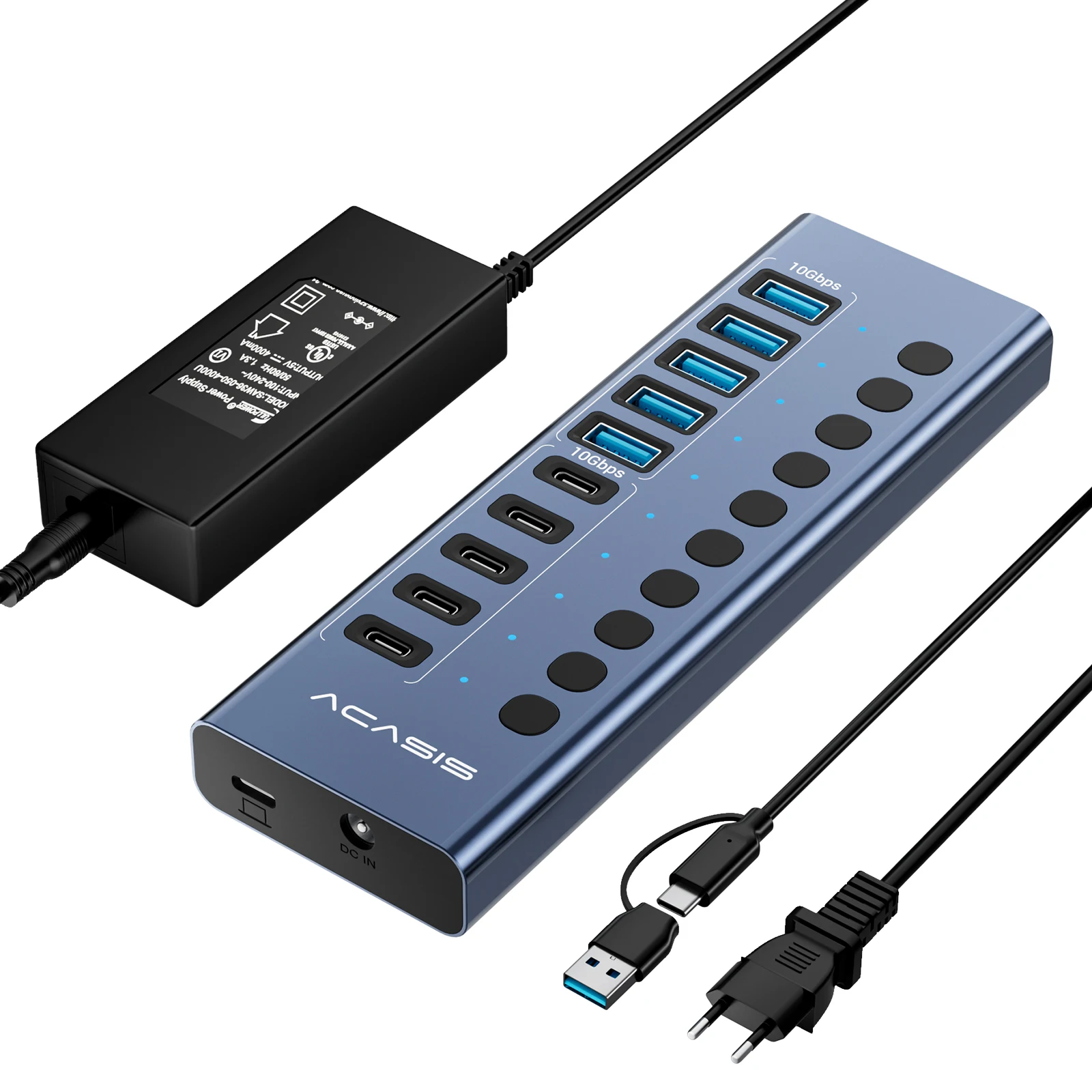 Acasis USB-dockingstation 10Gbps 16/10 poorten USB-C + USB-A hub met individuele schakelaar voor laptop pc Multi-apparaat toetsenbord muis