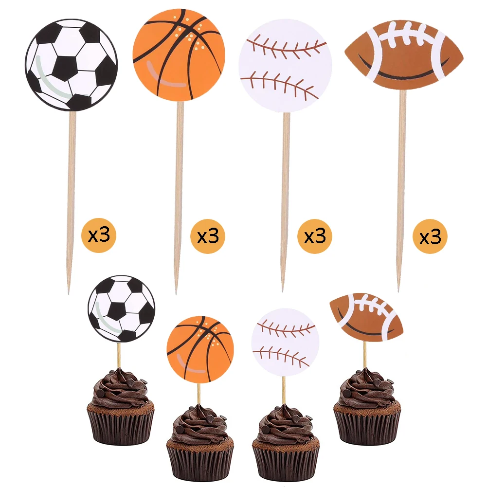 12 Pieces Sports Cupcake Toppers Sports Party Cupcake Picks Baseball Basketball Soccer Football Tennis Volleyball Cake Toppers