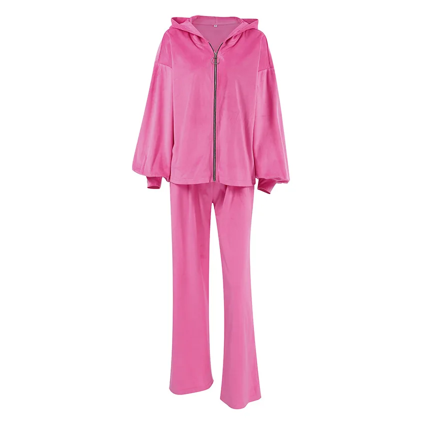 Pink Velvet Hoodie Set for Women 2024 Winter Coat, Pants, Sports and Leisure Two Piece Set