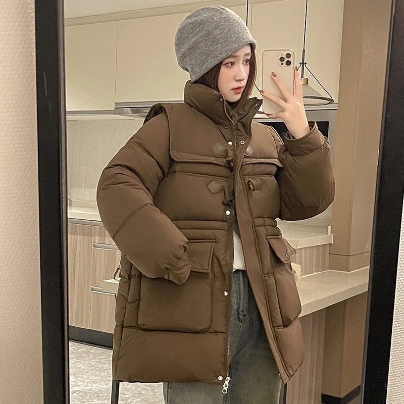 ロングダウン綿入りジャケット女性パーカー 2025 新韓国冬暖かい綿コートルーズオーバーウェアファッションアウターレディーストップス