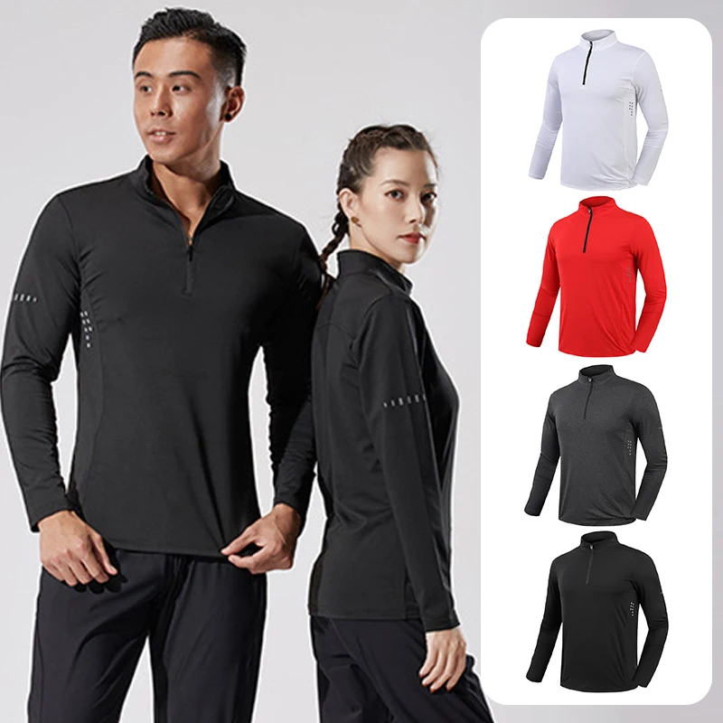 Mens Sports T-Shirt Long Sleeve Top Gym Clothing Fitness Compression Shirt Half Zip Pullover Quick Dry Sportswear