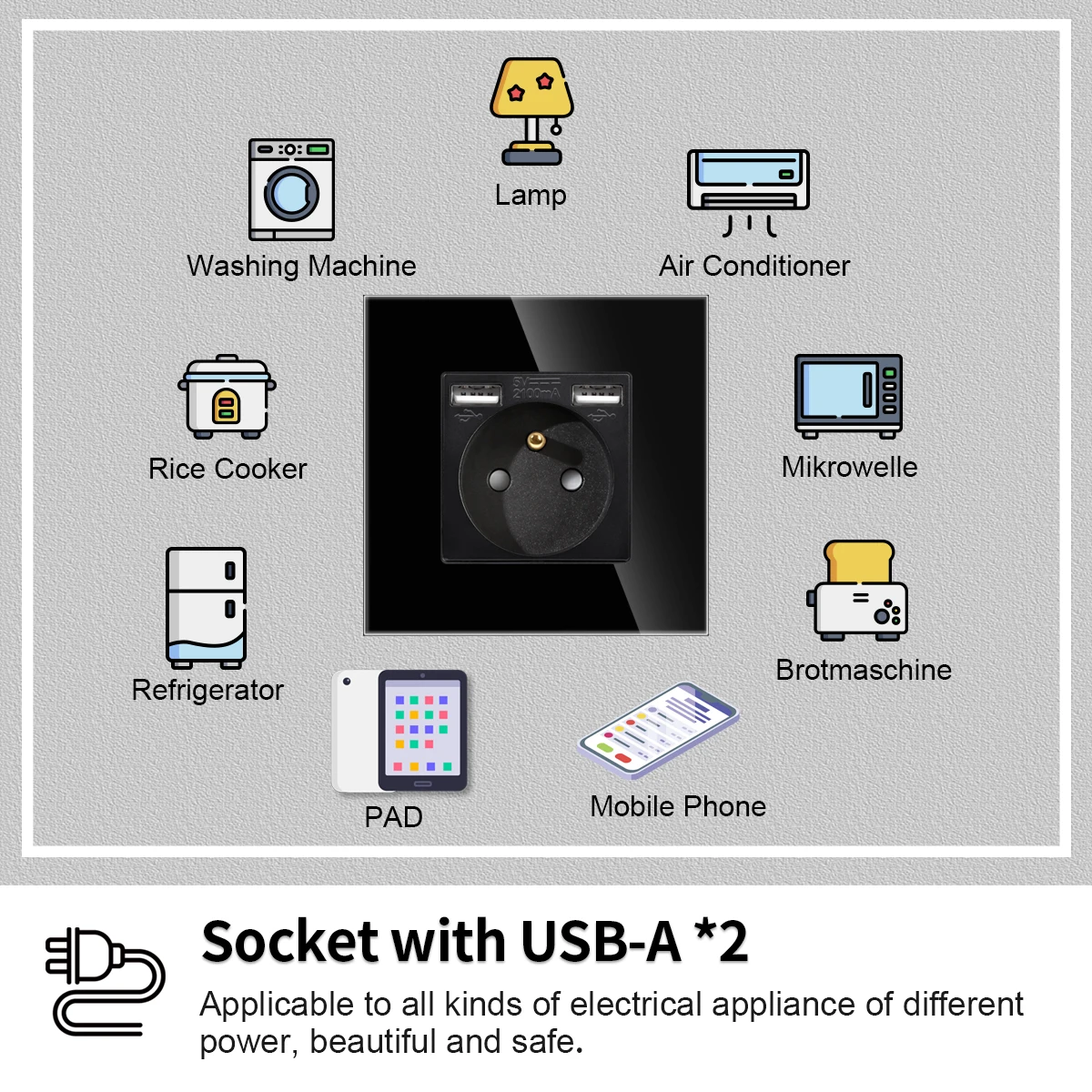 France Standard USB Socket Touch Switch Black Glass Panel Power USB Type-c Charging Interface AC 110~220V Outlet Home Appliance