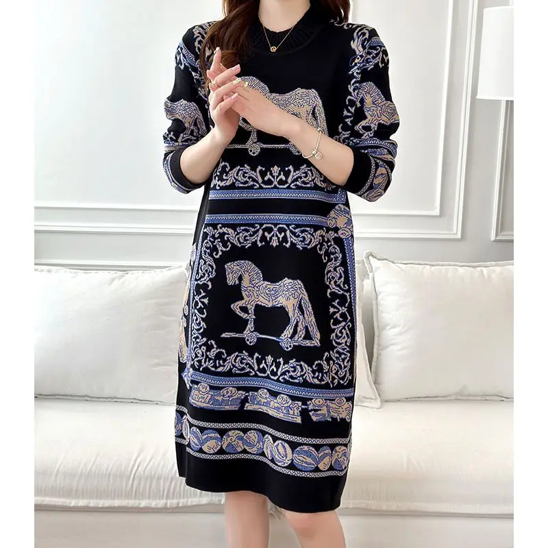 Vestidos de punto de tejido Jacquard para mujer, manga larga, vestido inferior femenino hasta la rodilla, negro, alta calidad, nueva moda, 2024