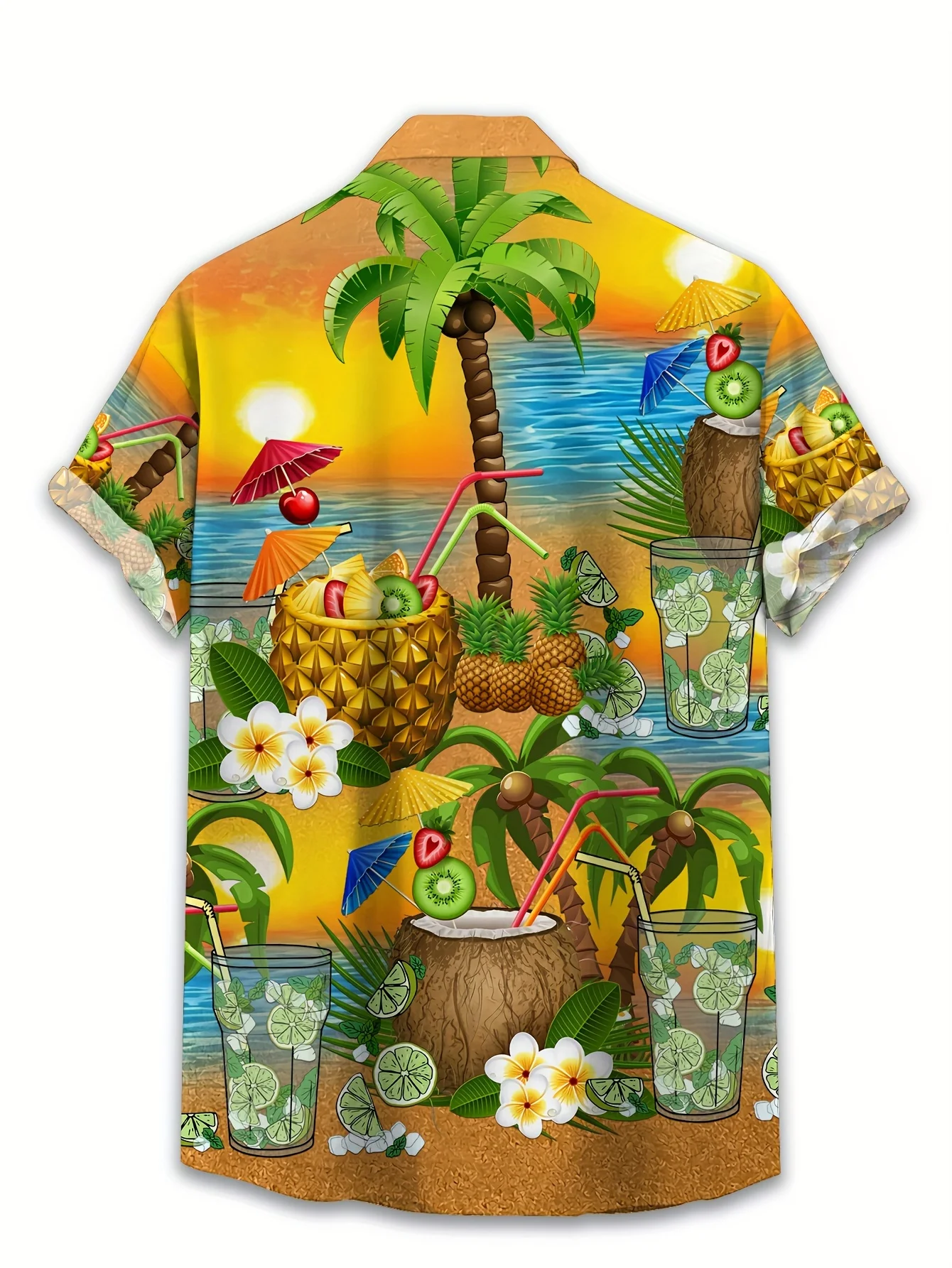 Tropical Men Shirts Sunset Beach Pineapple Coconut Cocktail Plumeria Palm Tree Printed Loose Vacation Short Sleeve Lapel Tops