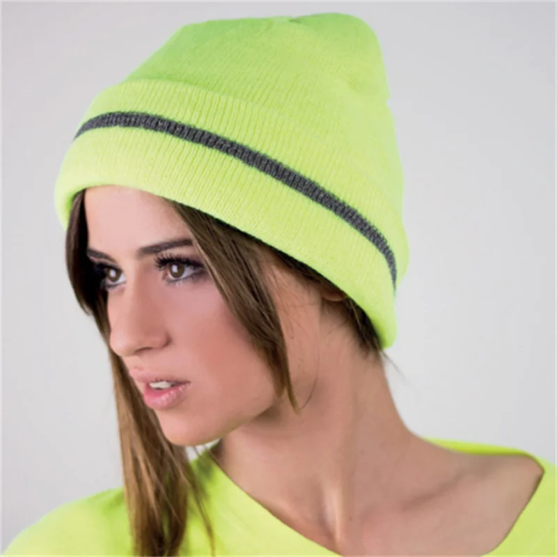 Chapeaux tricotés unisexe à rayures réfléchissantes, bonnets lumineux pour l\'extérieur, cyclisme, Ski, chaud, pour femmes et hommes, automne et hiver