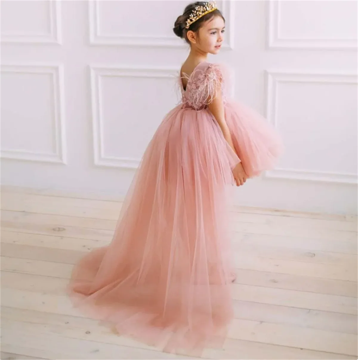 Flower Girl Dresses Long Skirt Satin Appliques Figure Short Sleeve For Wedding Birthday Party Banquet Princess Gowns