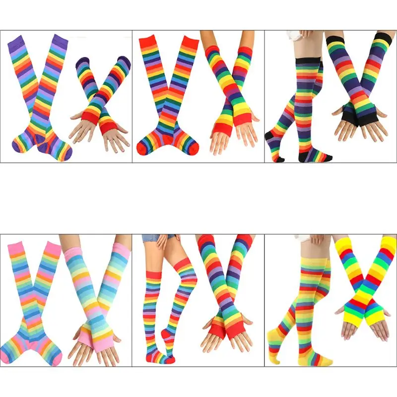 Womens Rainbow Stripes Over Knee Thigh High Socks Arm Warmer Fingerless Gloves Set Fancy Dress Cosplay Party Costume